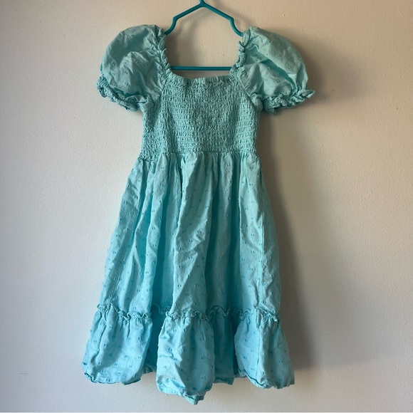 The Children’s Place Girls Puff Sleeve Smocked Dress Aqua Blue Ruffle Hem Size 4 - Picture 6 of 8